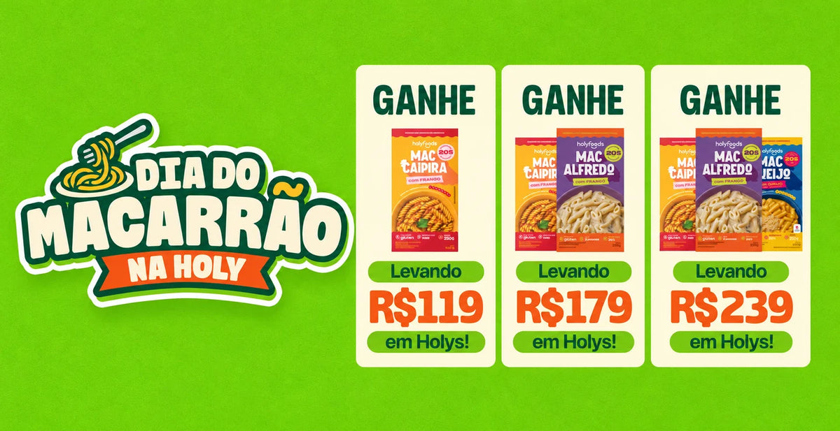 Dia do Macarrão na Holy. Ganhe um Mac Caipira a partir de R$119; Caipira e Alfredo a partir de R$179; Caipira, Alfredo e Queijo a partir de R$239. De 24 a 26 de outubro, até 11h59 de Brasília. Confira as condições no carrinho.